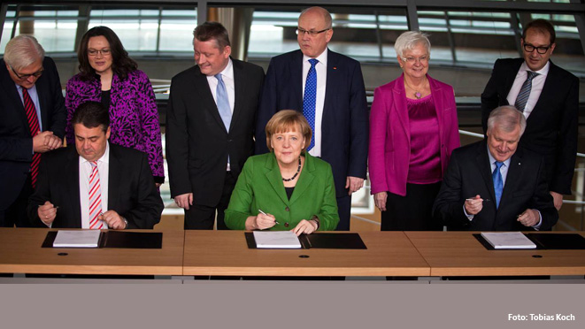 Angela Merkel, Sigmar Gabriel und Horst Seehofer haben heute vorläufig den Koalitionsvertrag unterzeichnet.