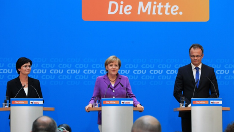 Gemeinsame Pressekonferenz mit Christine Lieberknecht, Angela Merkel und Michael Schierack nach den Landtagswahlen