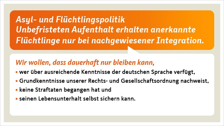 Ein langfristiges Bleiberecht soll an Grundkenntnisse der deutschen Sprache, die Bereitschaft, zu arbeiten, und die erfolgreiche Teilnahme an Integrationskursen geknüpft sein. 