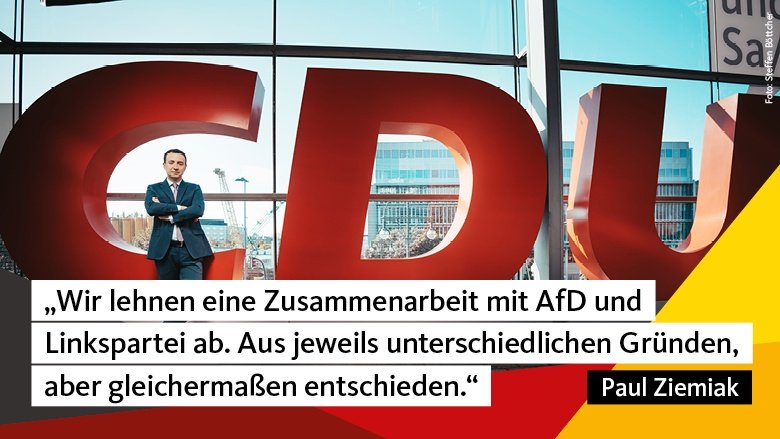 Paul Ziemiak: „Wir lehnen eine Zusammenarbeit mit AfD und Linkspartei ab. Aus jeweils unterschiedlichen Gründen, aber gleichermaßen entschieden.“ Paul Ziemiak: „Wir lehnen eine Zusammenarbeit mit AfD und Linkspartei ab. Aus jeweils unterschiedlichen Gründen, aber gleichermaßen entschieden.“